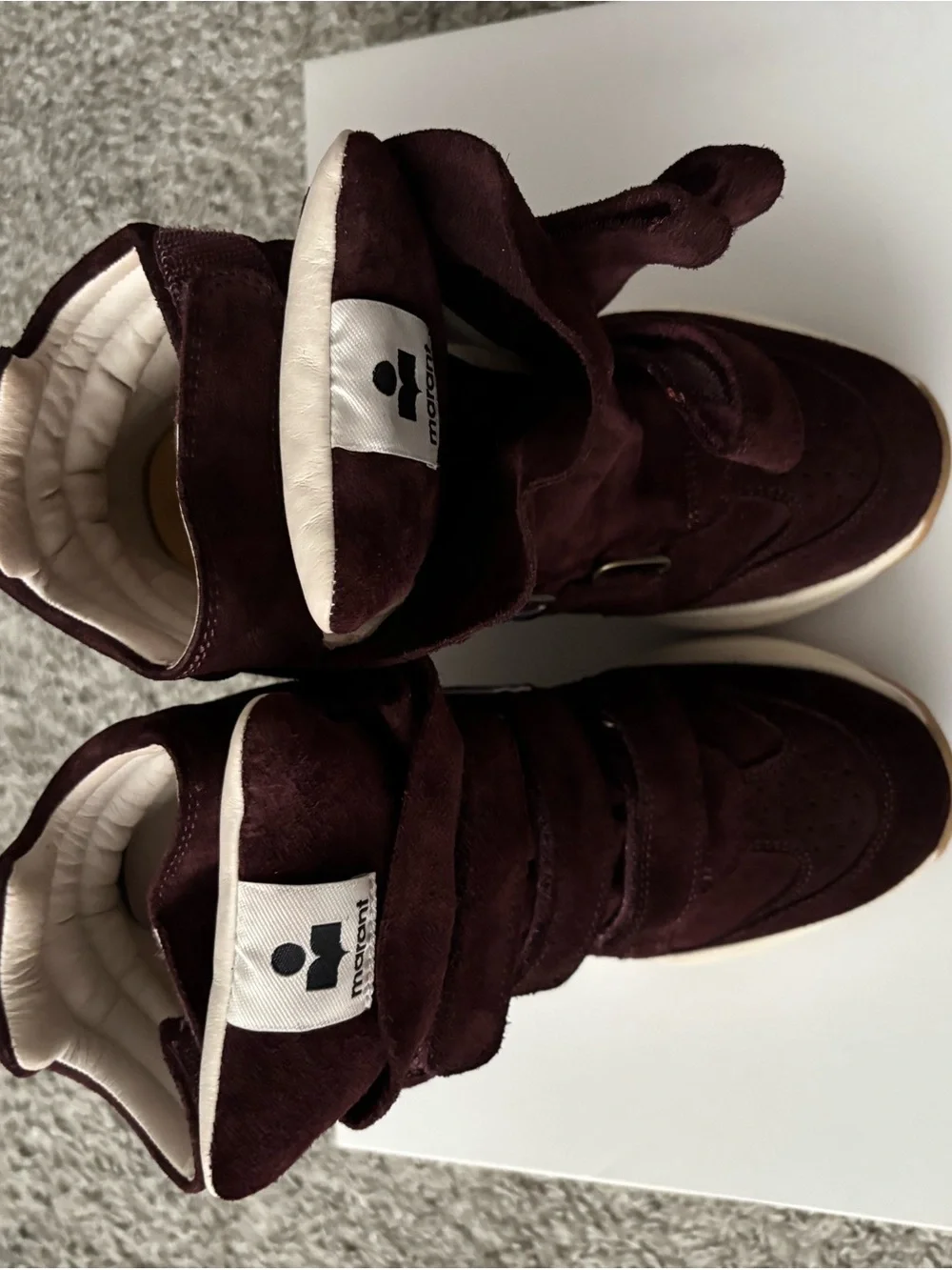 Isabel Marant Burgundy Suede High-Top Wedge Sneakers with Light Blue Accent